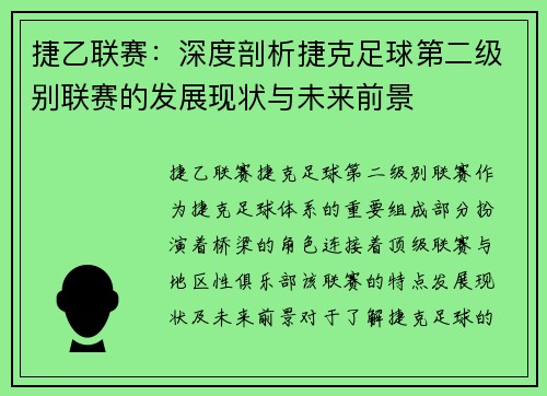 捷乙联赛：深度剖析捷克足球第二级别联赛的发展现状与未来前景