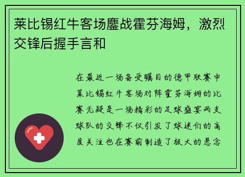莱比锡红牛客场鏖战霍芬海姆，激烈交锋后握手言和